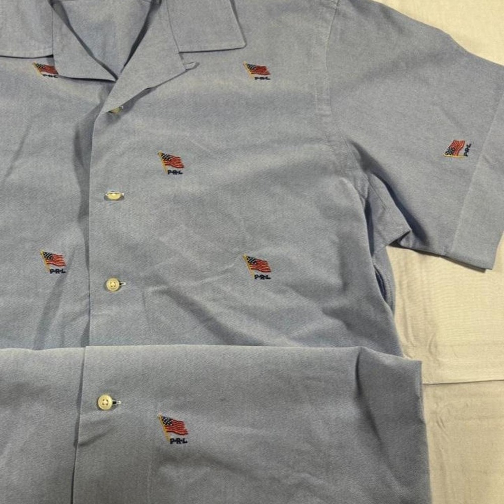 Polo Ralph Lauren Mens Blue American Flag Embroidered Oxford Camp Shirt Large